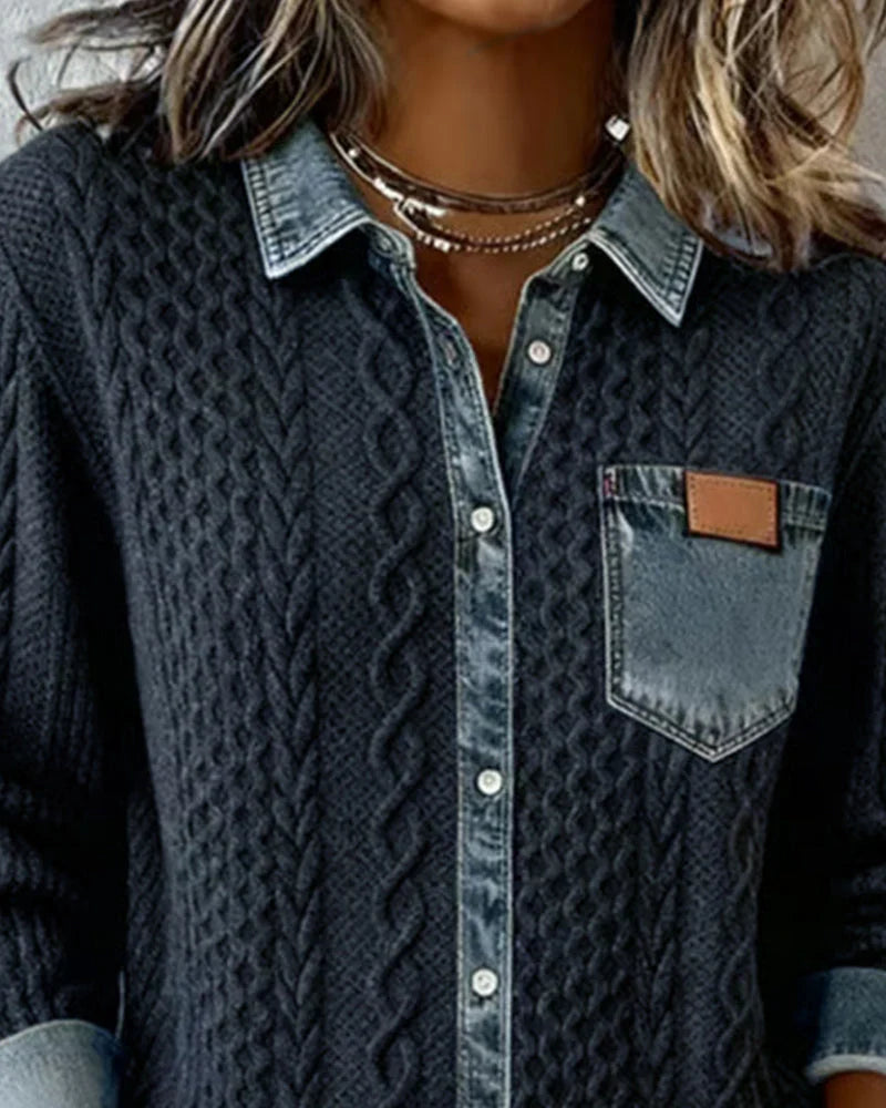 Alice | Knit Denim Shirt with Button Front and Chest Pocket
