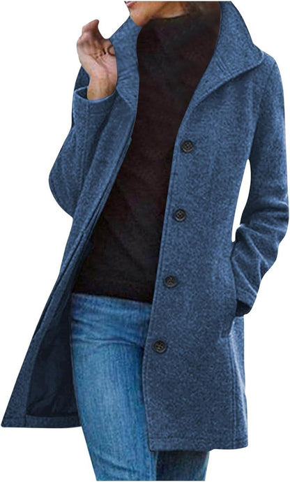 Women's Pea Coat | Wool Blend Button Front Long Sleeve