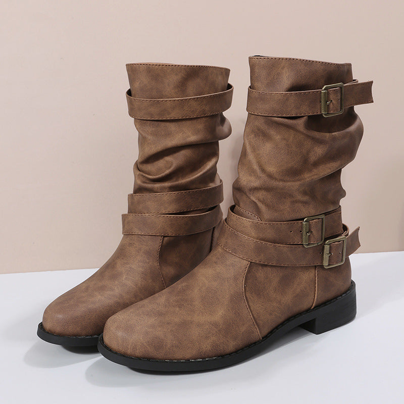 Mid-Calf Buckle Boots in Sheepskin with Low Square Heel
