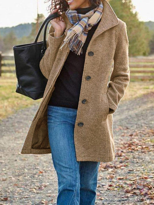 Women's Pea Coat | Wool Blend Button Front Long Sleeve