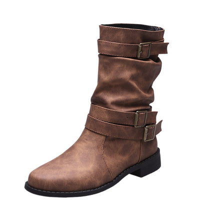 Mid-Calf Buckle Boots in Sheepskin with Low Square Heel