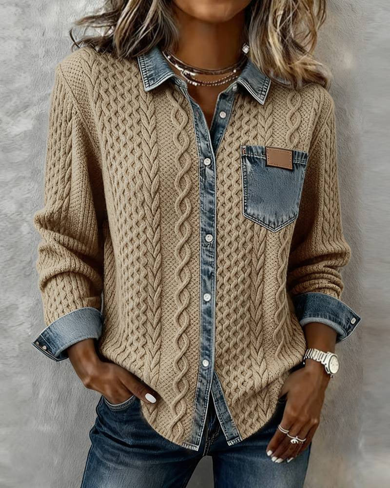 Alice | Knit Denim Shirt with Button Front and Chest Pocket