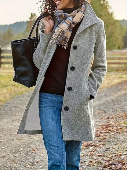 Women's Pea Coat | Wool Blend Button Front Long Sleeve