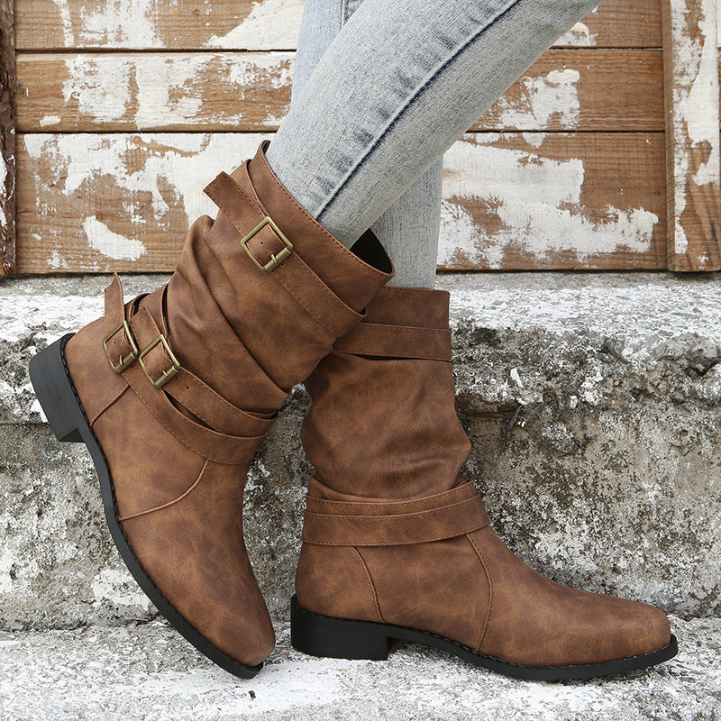 Mid-Calf Buckle Boots in Sheepskin with Low Square Heel