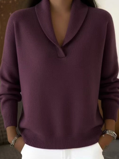 Shawl Collar V-Neck Knit Pullover, Loose Fit