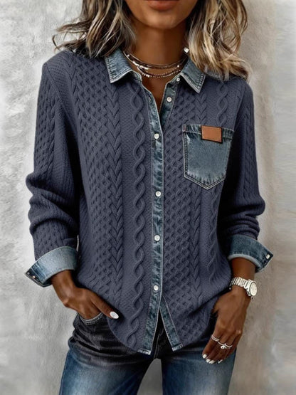 Alice | Knit Denim Shirt with Button Front and Chest Pocket