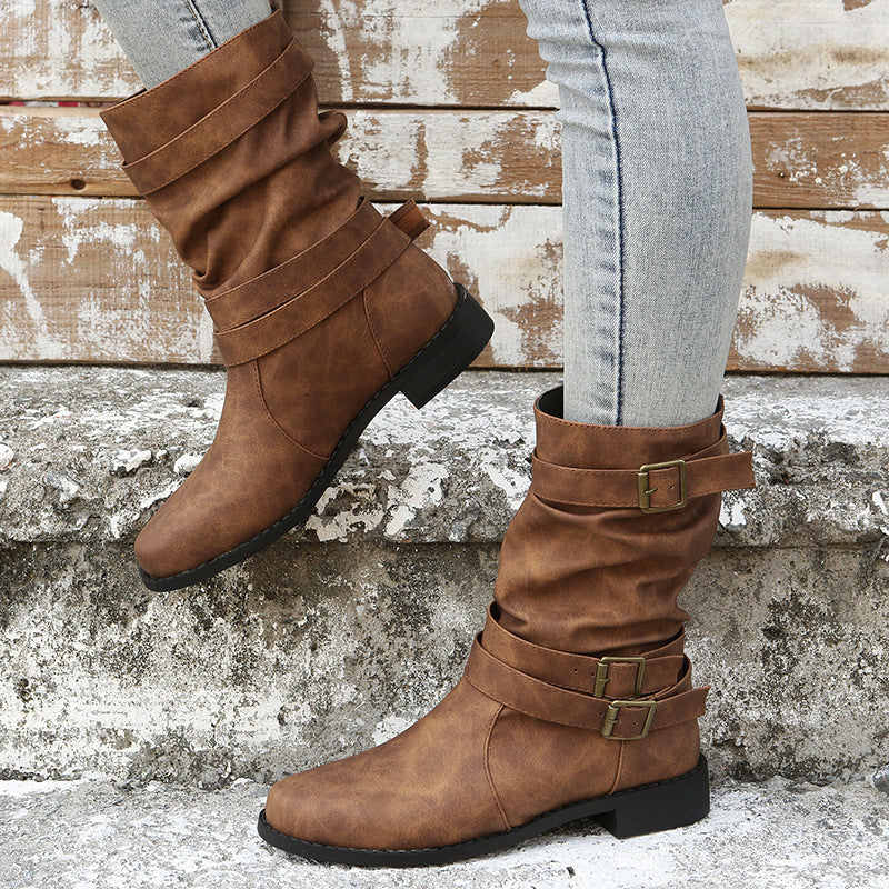 Mid-Calf Buckle Boots in Sheepskin with Low Square Heel