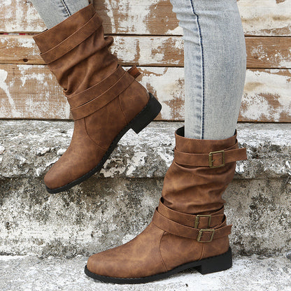 Mid-Calf Buckle Boots in Sheepskin with Low Square Heel