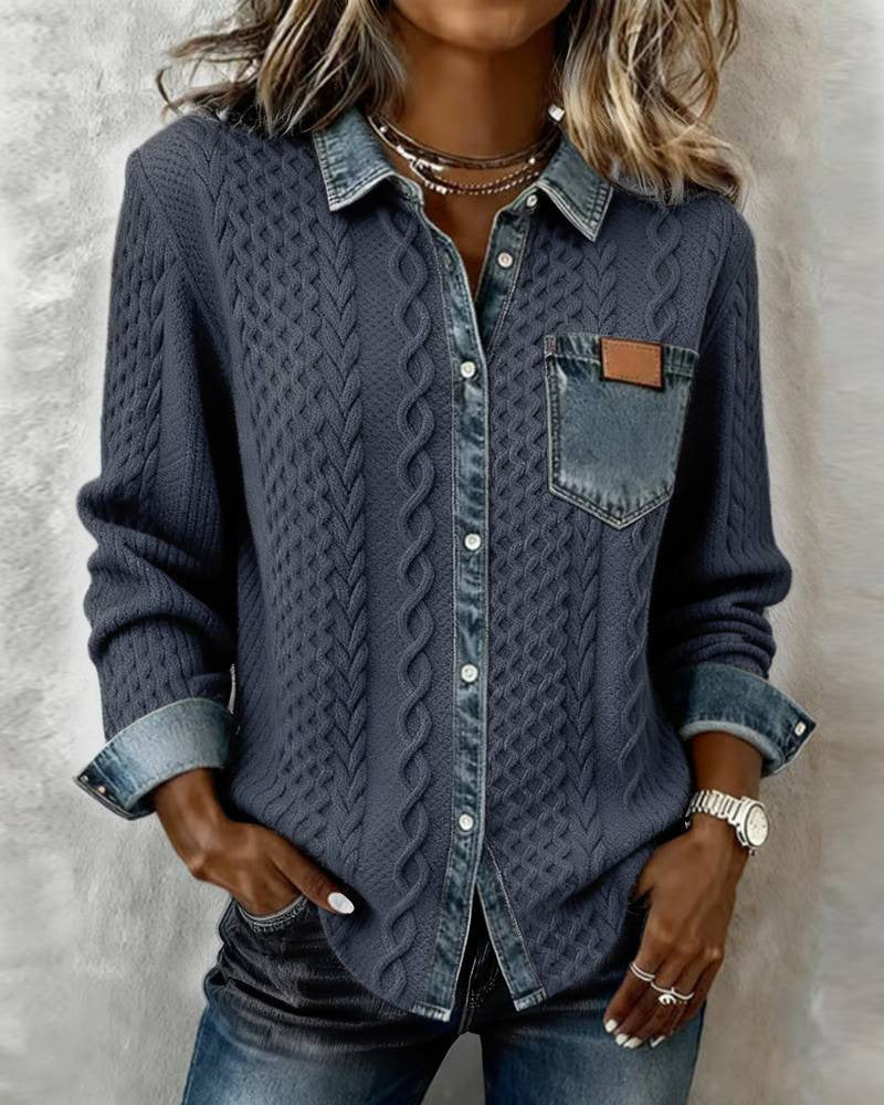 Alice | Knit Denim Shirt with Button Front and Chest Pocket