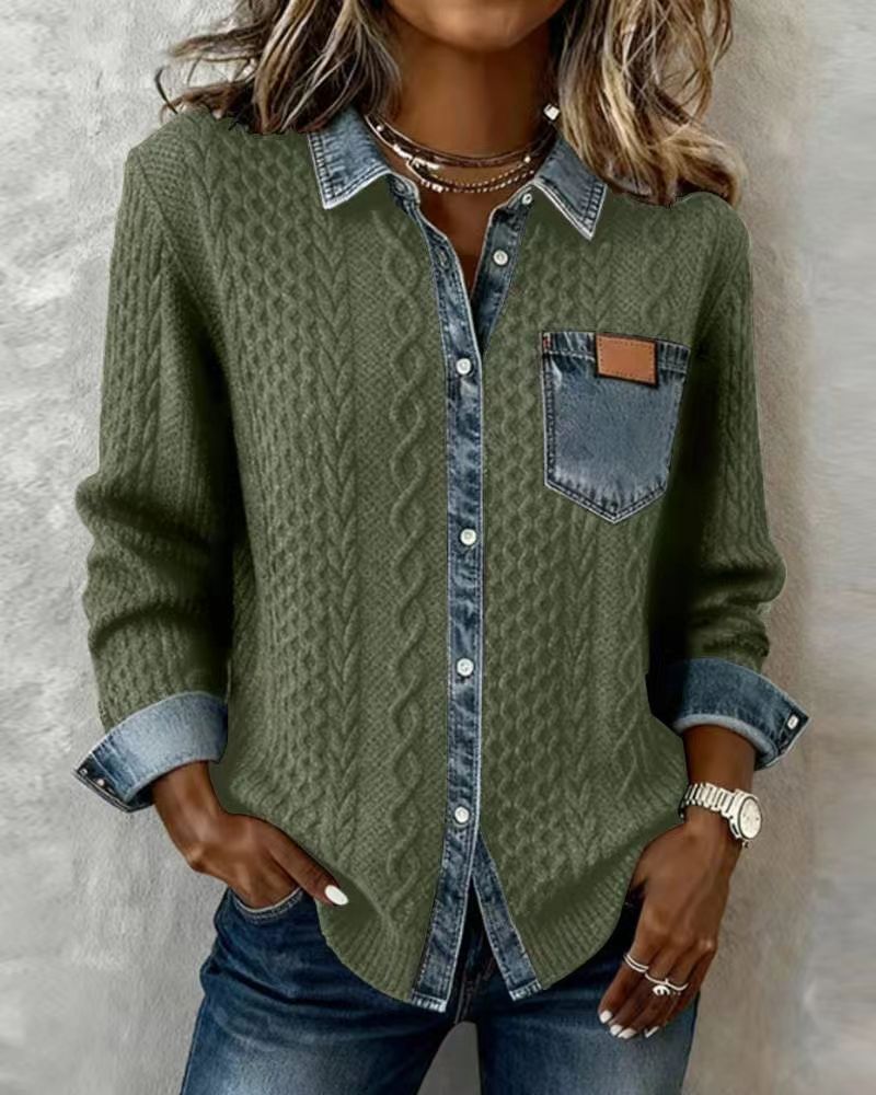 Alice | Knit Denim Shirt with Button Front and Chest Pocket
