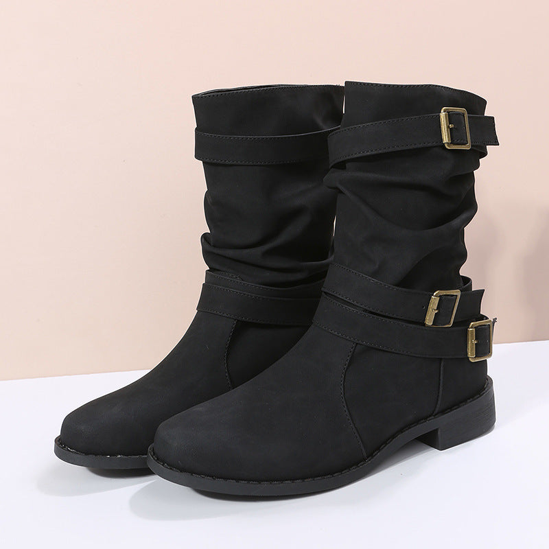 Mid-Calf Buckle Boots in Sheepskin with Low Square Heel