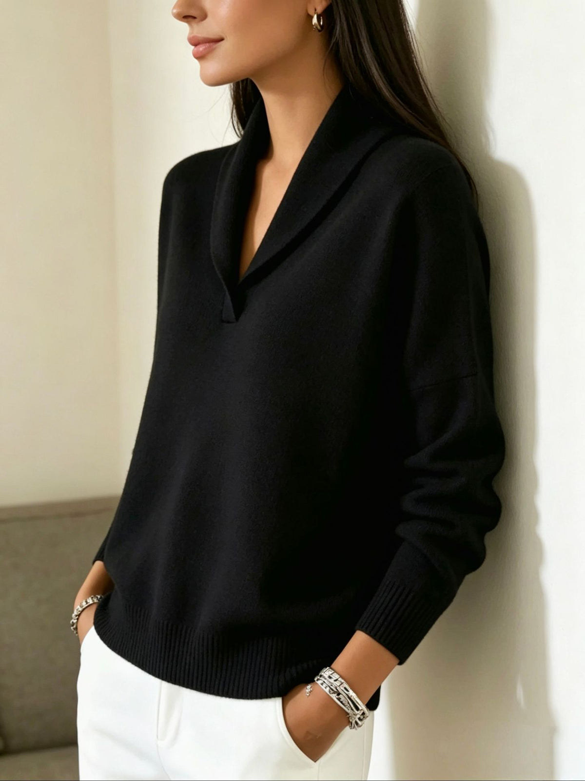Shawl Collar V-Neck Knit Pullover, Loose Fit