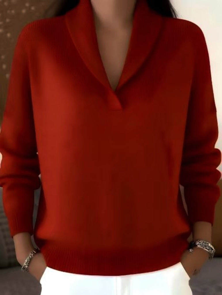 Shawl Collar V-Neck Knit Pullover, Loose Fit