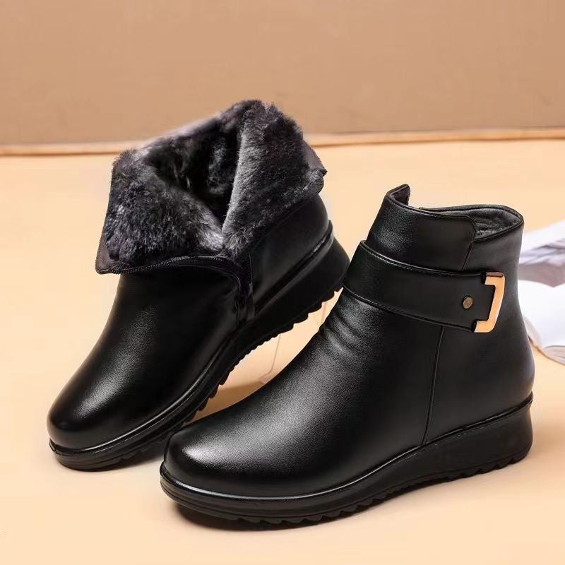 Fleece-Lined Flat Ankle Boots with Side Zip and Non-Slip Sole