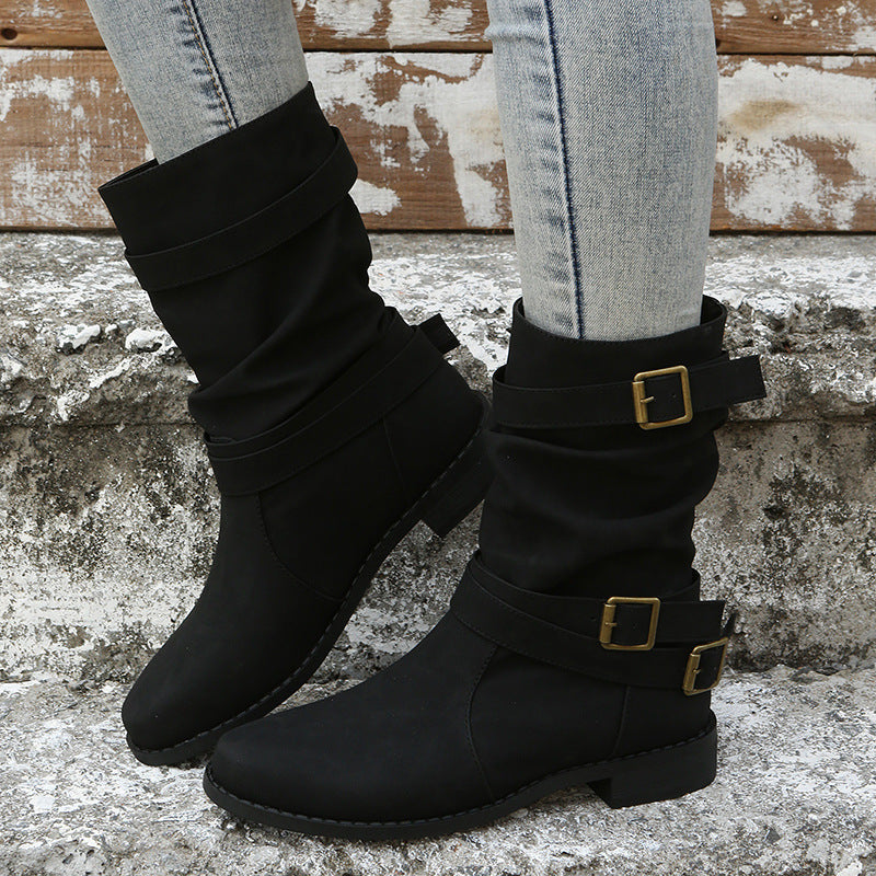 Mid-Calf Buckle Boots in Sheepskin with Low Square Heel