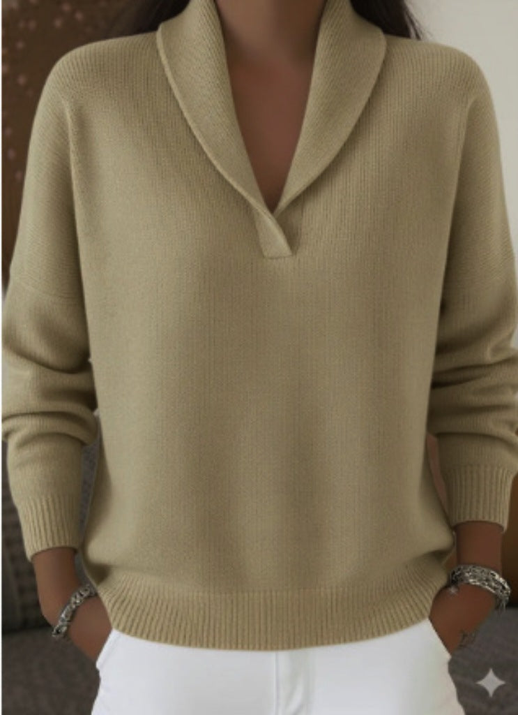Shawl Collar V-Neck Knit Pullover, Loose Fit