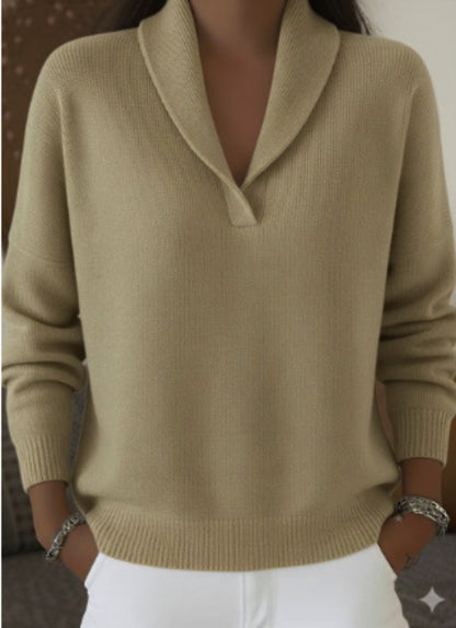 Shawl Collar V-Neck Knit Pullover, Loose Fit