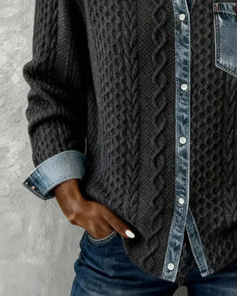 Alice | Knit Denim Shirt with Button Front and Chest Pocket