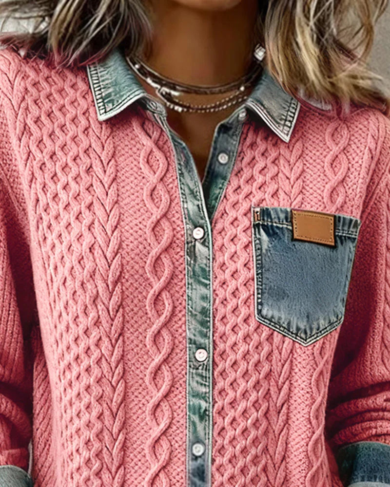 Alice | Knit Denim Shirt with Button Front and Chest Pocket