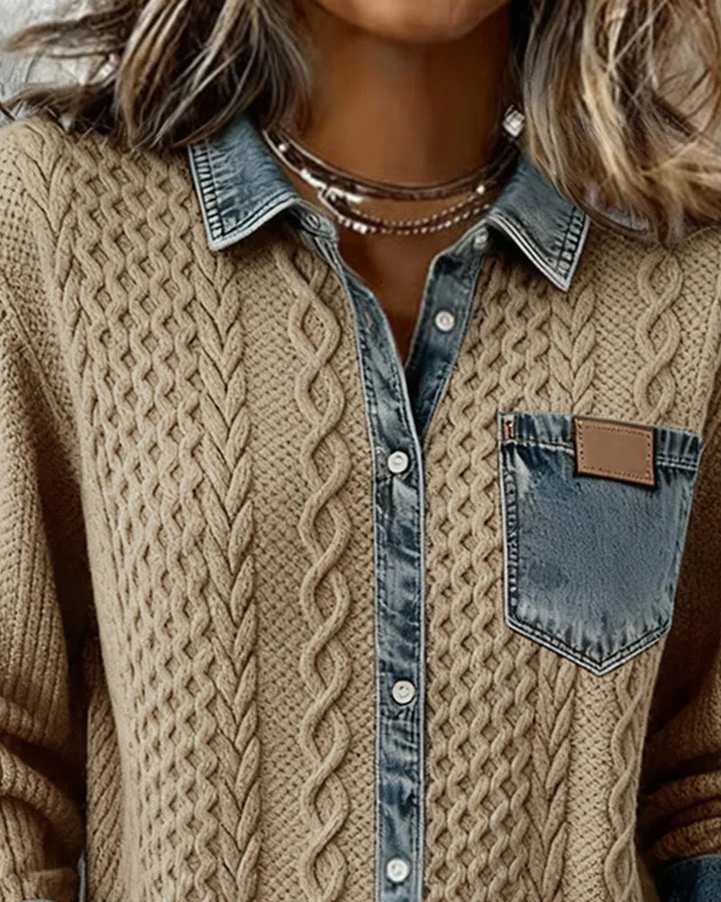 Alice | Knit Denim Shirt with Button Front and Chest Pocket