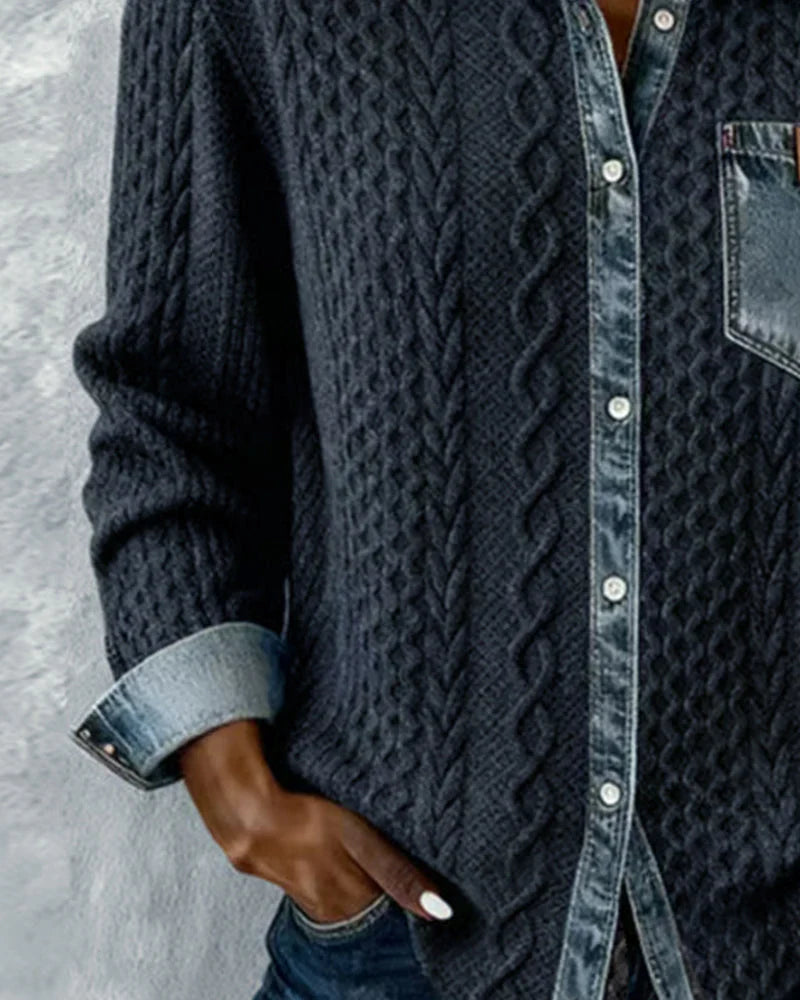 Alice | Knit Denim Shirt with Button Front and Chest Pocket