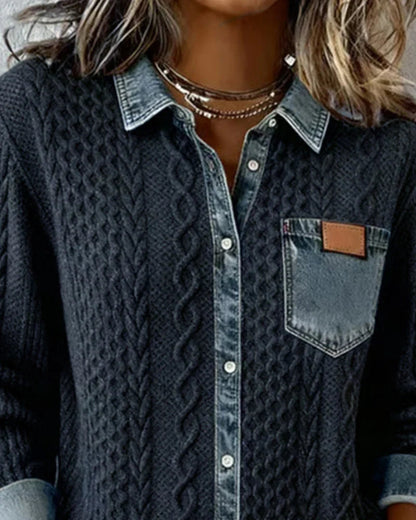 Alice | Knit Denim Shirt with Button Front and Chest Pocket