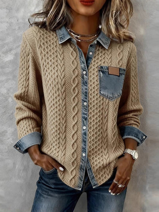Alice | Knit Denim Shirt with Button Front and Chest Pocket