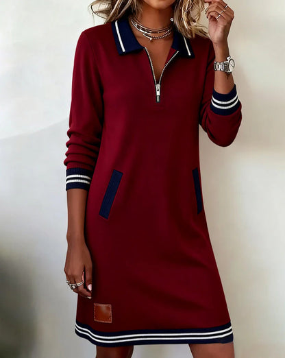 Evelyn | Sweatshirt Dress with Zip Collar and Striped Cuffs