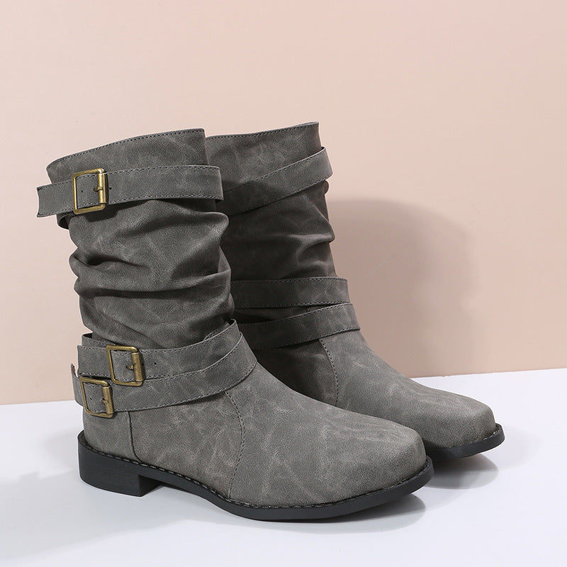Mid-Calf Buckle Boots in Sheepskin with Low Square Heel