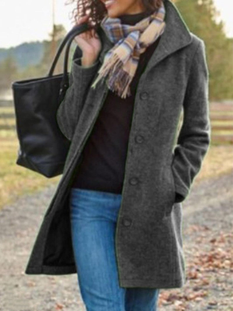 Women's Pea Coat | Wool Blend Button Front Long Sleeve