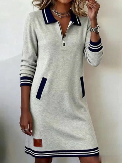 Evelyn | Sweatshirt Dress with Zip Collar and Striped Cuffs