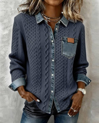 Alice | Knit Denim Shirt with Button Front and Chest Pocket