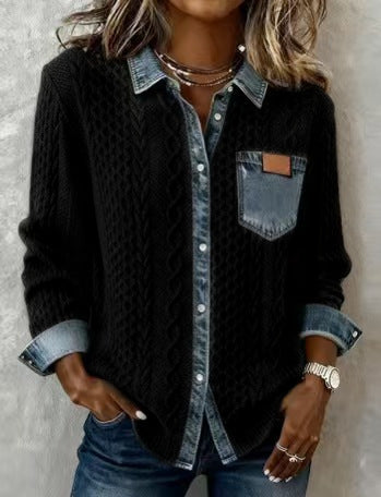 Alice | Knit Denim Shirt with Button Front and Chest Pocket