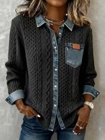 Alice | Knit Denim Shirt with Button Front and Chest Pocket