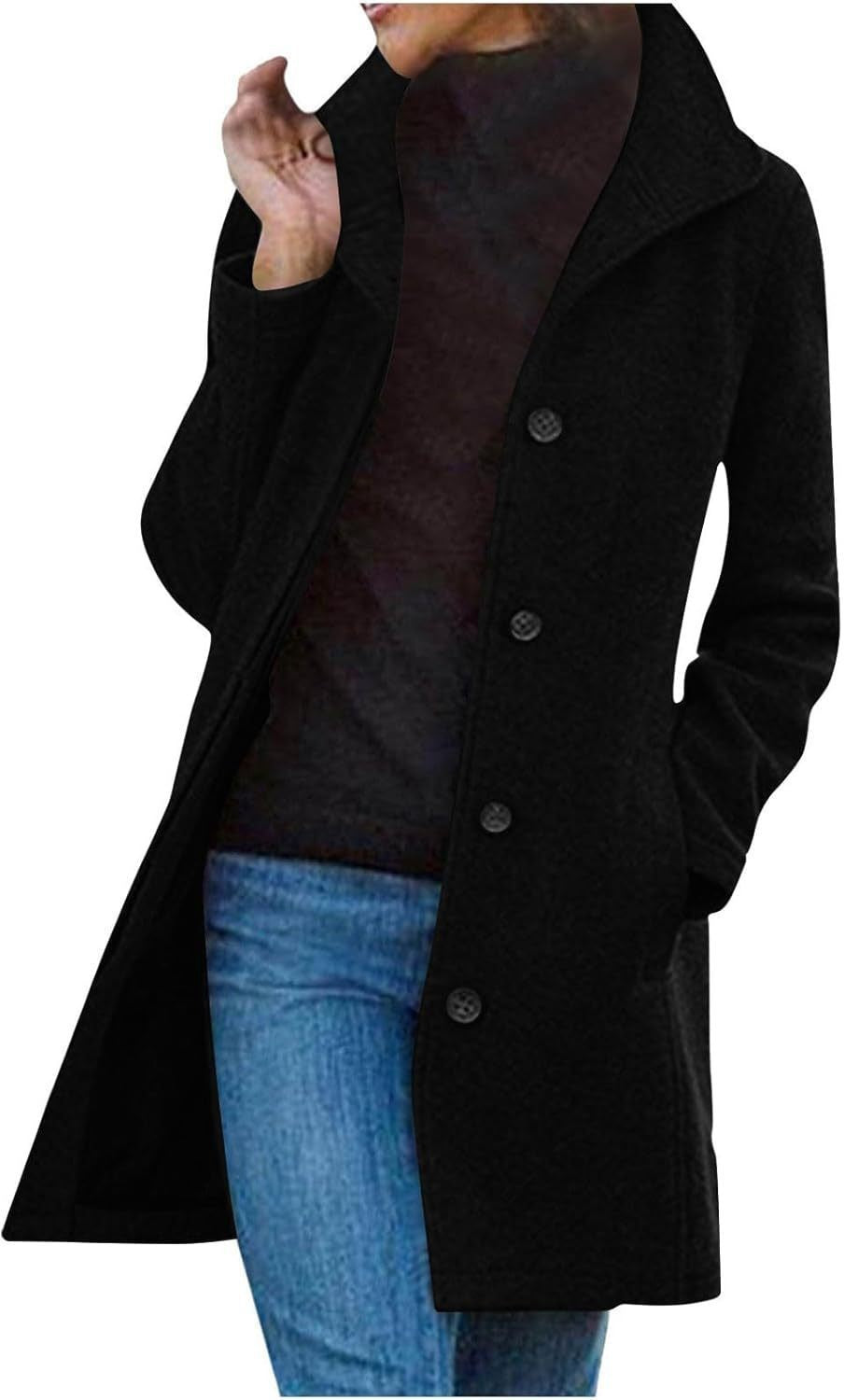 Women's Pea Coat | Wool Blend Button Front Long Sleeve