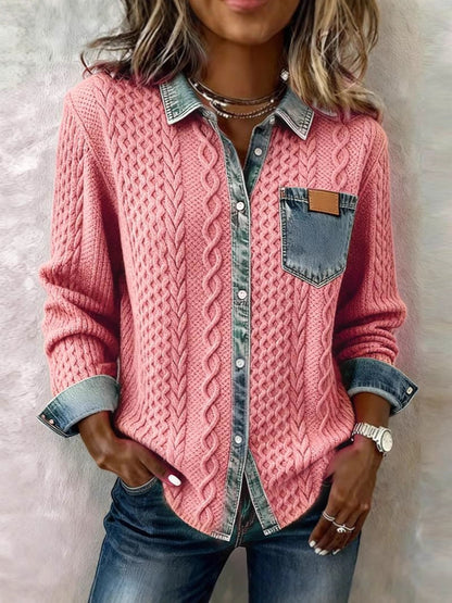 Alice | Knit Denim Shirt with Button Front and Chest Pocket