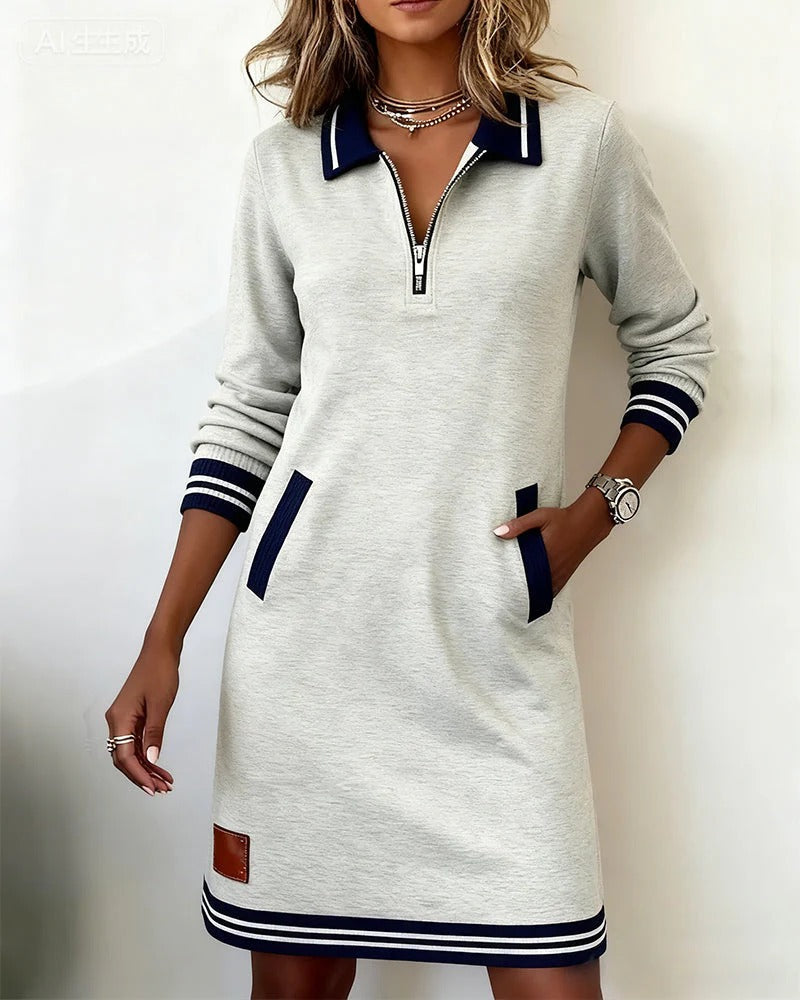 Evelyn | Sweatshirt Dress with Zip Collar and Striped Cuffs