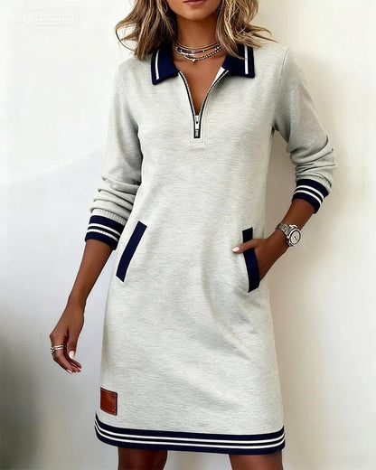 Evelyn | Sweatshirt Dress with Zip Collar and Striped Cuffs