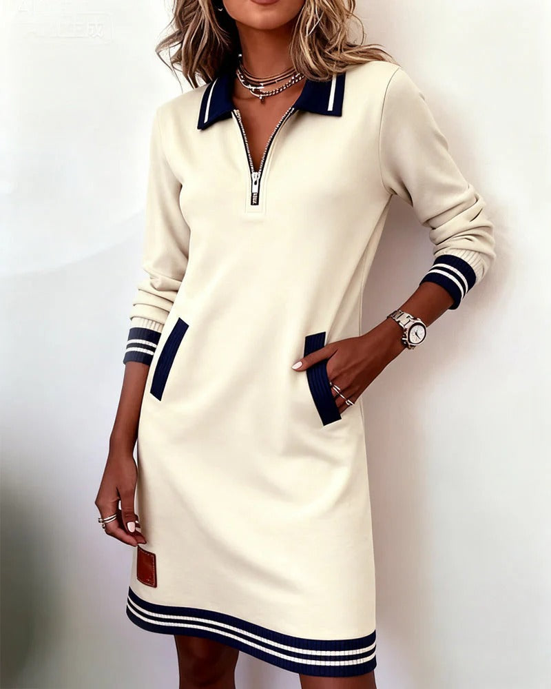 Evelyn | Sweatshirt Dress with Zip Collar and Striped Cuffs
