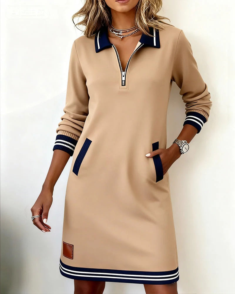 Evelyn | Sweatshirt Dress with Zip Collar and Striped Cuffs
