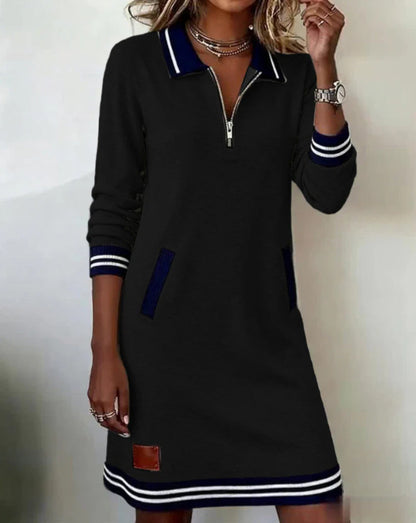 Evelyn | Sweatshirt Dress with Zip Collar and Striped Cuffs