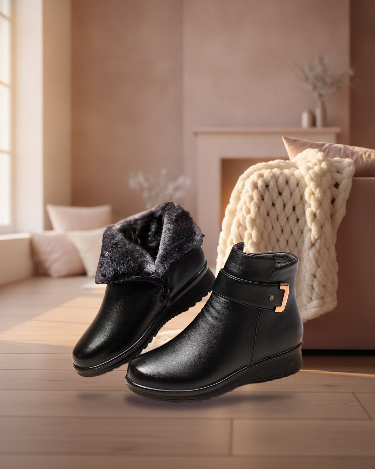 Black ankle boots with dark fur lining in a cozy living room