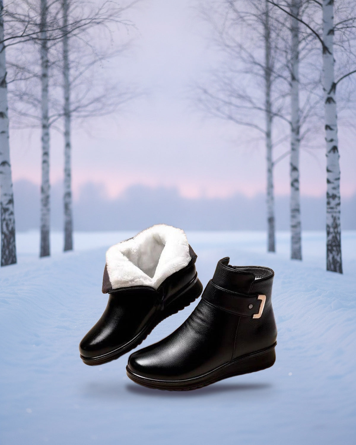 Black ankle boots with white fur lining on a snowy path