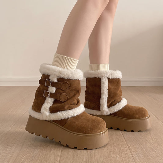 Brown plush-lined cuffable winter boots