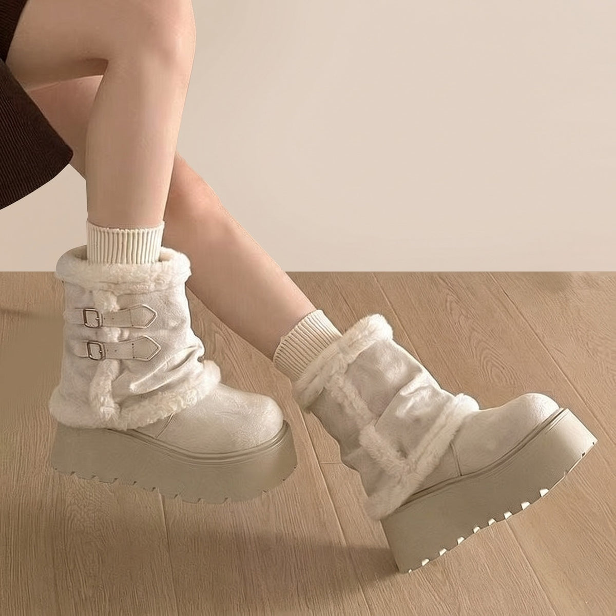 White plush-lined cuffable winter boots, side view