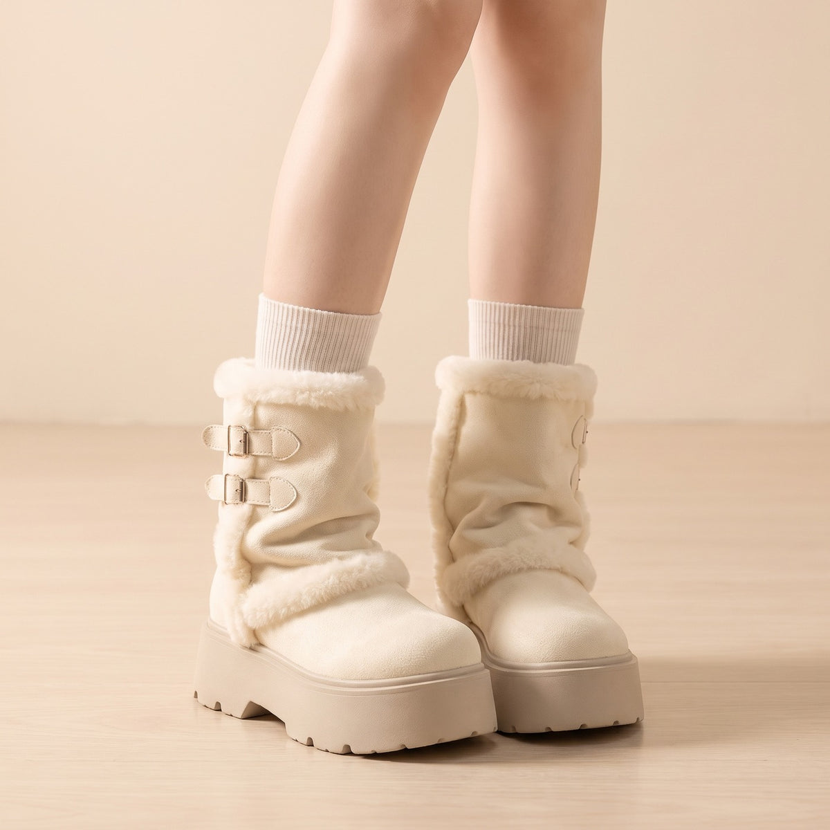 White plush-lined cuffable winter boots, front view