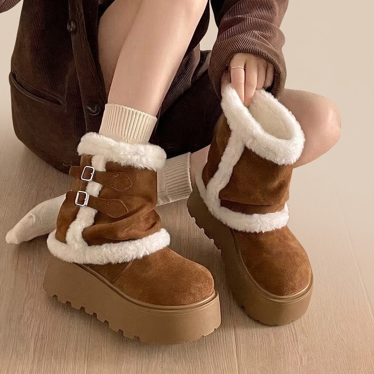 Brown plush-lined cuffable winter boots, cuff folded