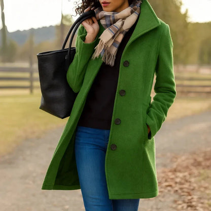Women's Pea Coat | Wool Blend Button Front Long Sleeve